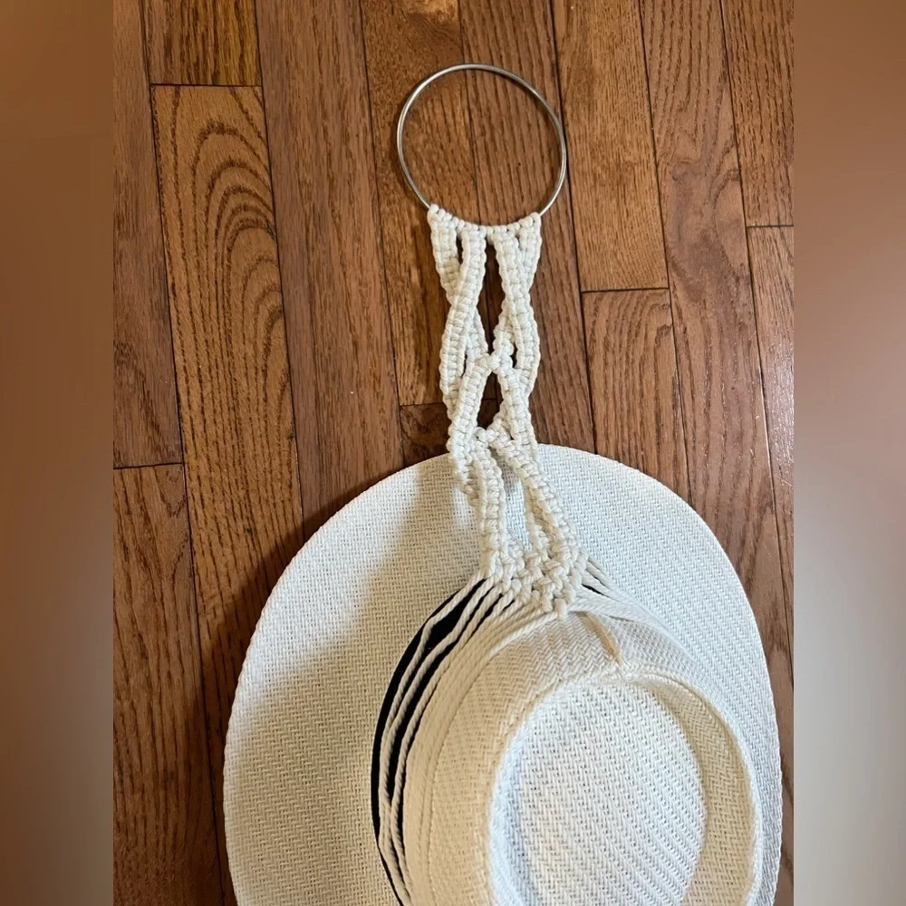 Boho Macrame 2 Hats Hanger, Cotton Woven Tassel Wall Mount For Hats 43” Long